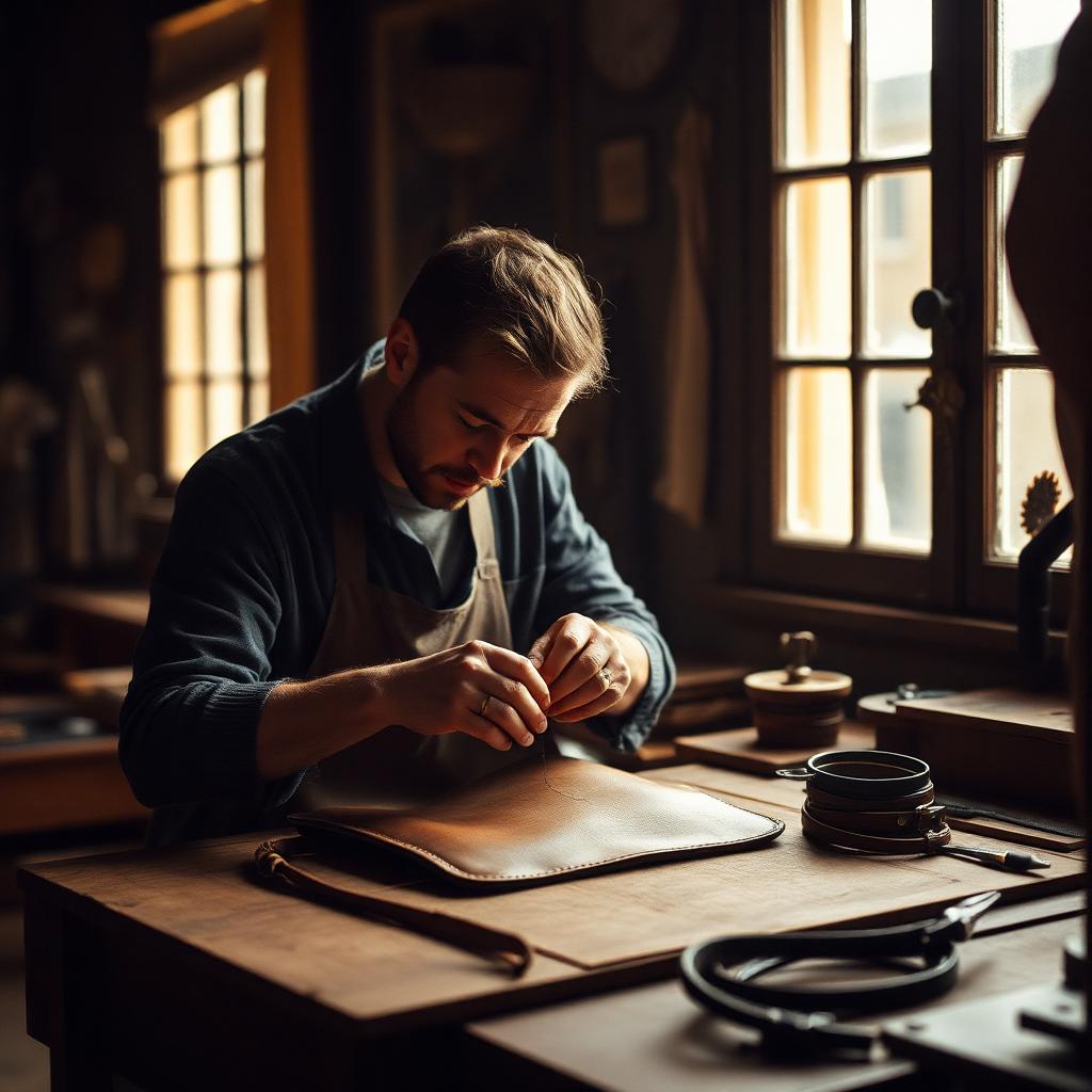 Artisan maroquinier au travail dans son atelier