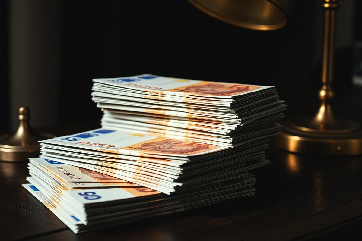 Billets de banque européens sous une lampe de bureau