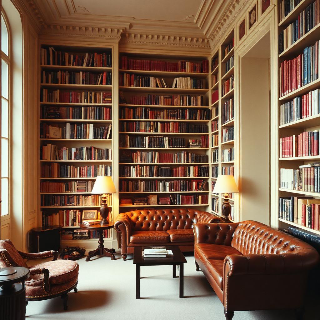 Bibliothèque privée haussmannienne aux rayonnages remplis