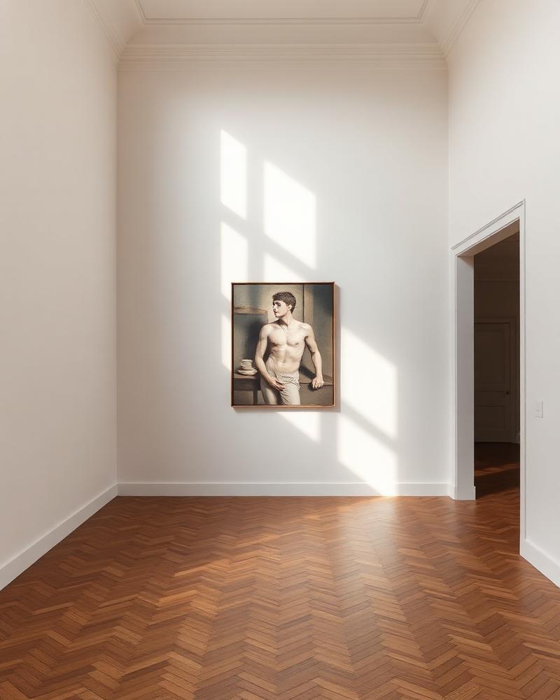 Galerie d'art parisienne minimaliste avec parquet en chevrons