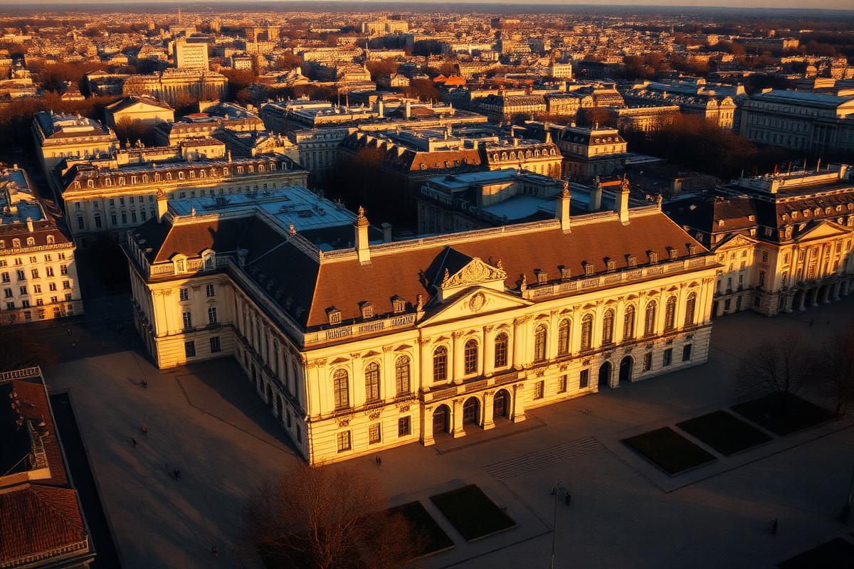 Vue aérienne d'un palais parisien au coucher du soleil