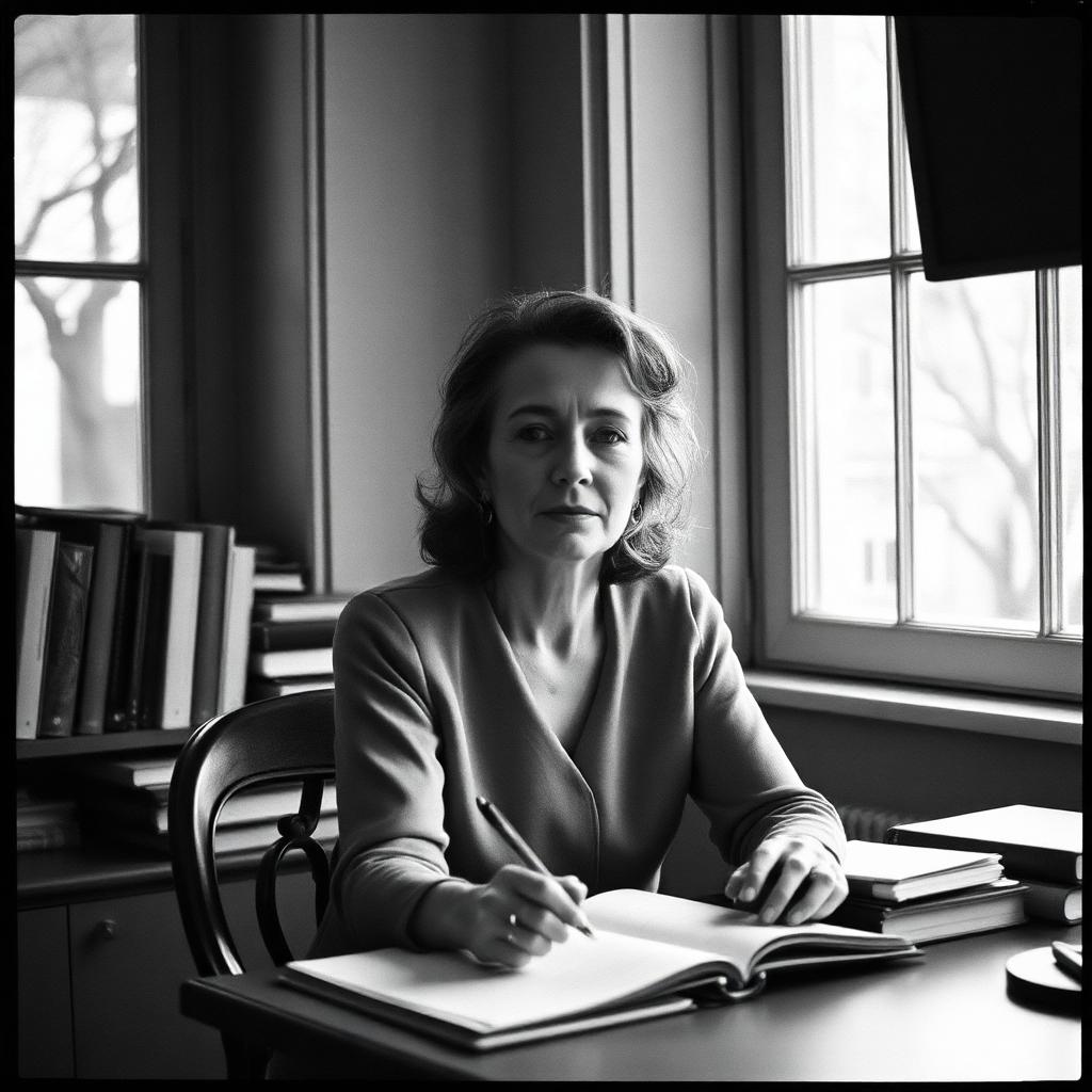 Marguerite Berger à son bureau, noir et blanc