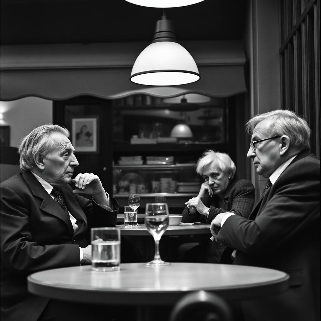 Conversation feutrée dans un café parisien, noir et blanc